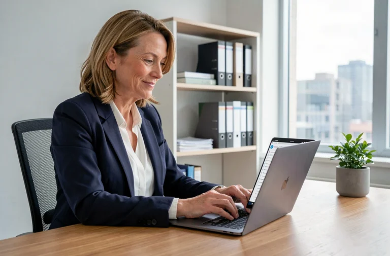 Femme professionnelle gérant des documents immobiliers sur un ordinateur portable dans un bureau moderne