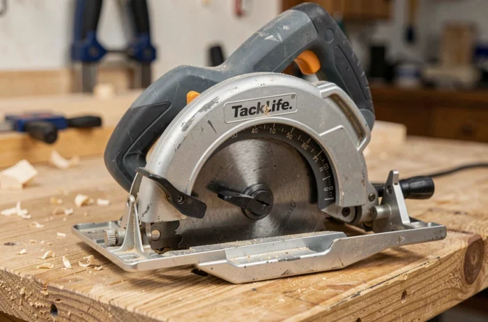 Gros plan sur la scie circulaire Tacklife PES01A posée sur un établi en chêne avec détails du protège-lame et du réglage de profondeur