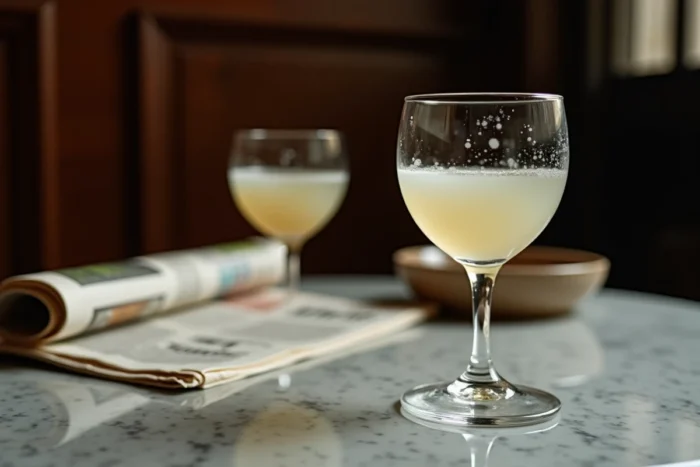 Gros plan d'un verre de Ricard qui louche sur un marbre de bistrot parisien, symbolisant la consommation d'alcool et ses effets sur l'organisme