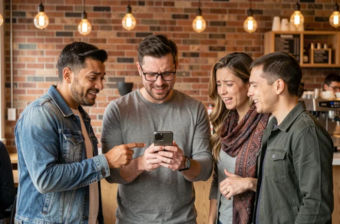 Groupe d'amis réagissant avec curiosité et amusement à un mot énigmatique devenu viral sur internet dans un café urbain
