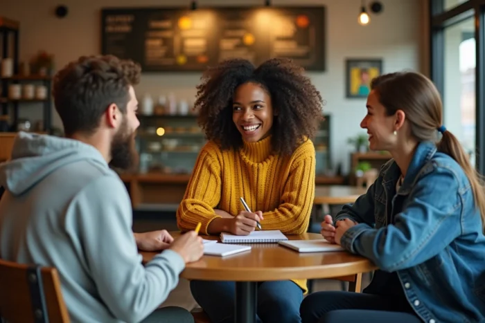 Un groupe de trois professionnels échange des conseils autour d'une table de café pour soutenir un projet commun