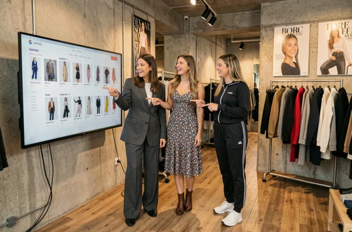 Trois femmes explorant les tendances mode dans une boutique moderne avec un écran affichant des catégories de mode