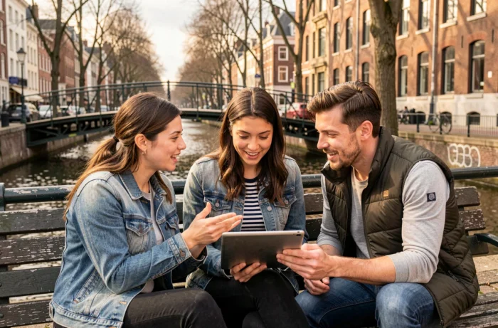 Groupe de Parisiens discutant des actualités sur une tablette au bord du Canal Saint-Martin
