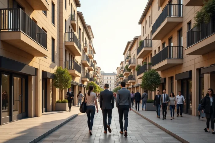 Avenue piétonne d'un ensemble immobilier mixte à Bordeaux développé par le Groupe Pichet