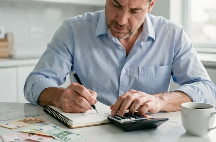 Homme planifiant son budget et son épargne avec un carnet et une calculatrice dans une cuisine moderne