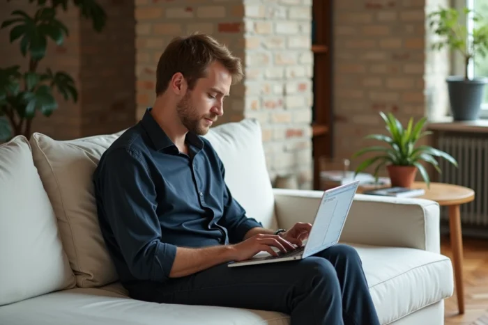 Homme assis sur un canapé parcourant le plan du site d'un blog depuis son ordinateur portable