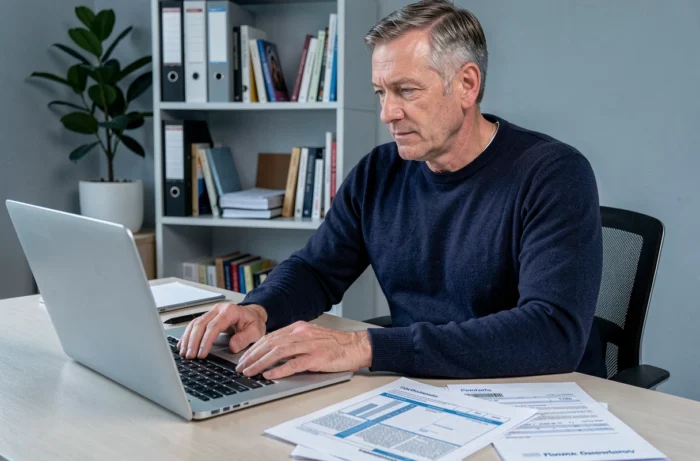 Homme gérant sa déclaration fiscale avec un chèque domicile sur un bureau à domicile