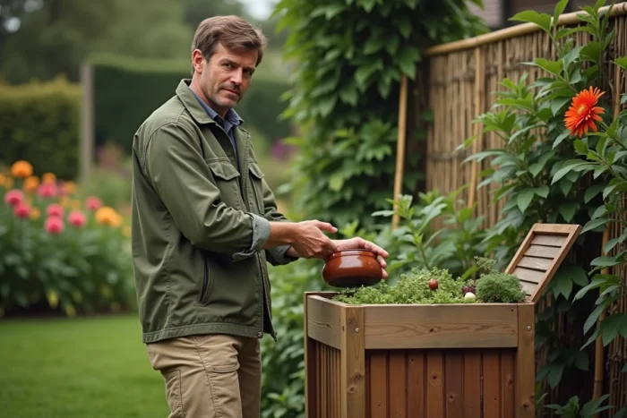 Homme en train de composter des déchets végétaux dans un jardin cottage luxuriant avec dahlias et haricots grimpants