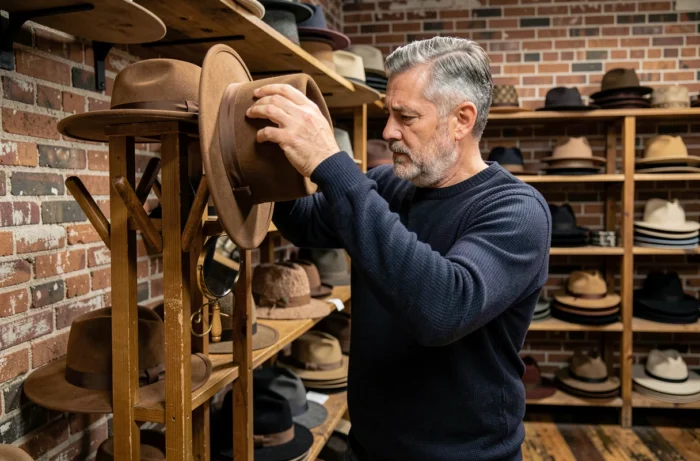 Homme essayant un chapeau fedora en feutre dans une boutique de chapeaux artisanale