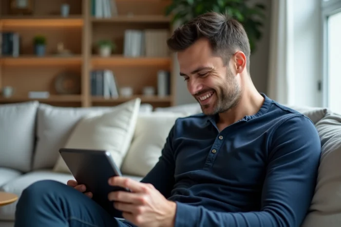 Homme explorant la structure d'un site blog familial sur une tablette dans son salon, représentant la navigation intuitive du site Un P'tit Air de Famille