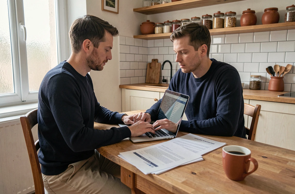 Homme remplissant un formulaire en ligne pour le code NAN CESU sur son ordinateur portable dans une cuisine parisienne