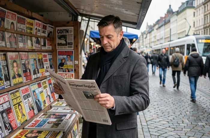 Homme parcourant les journaux de la semaine à un kiosque à journaux urbain