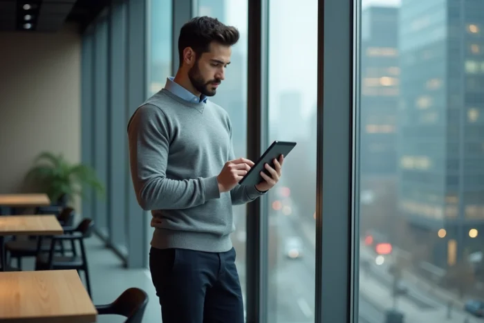 Homme consultant une plateforme d'offres d'emploi en marketing B2B sur une tablette dans un espace de coworking avec vue sur la ville