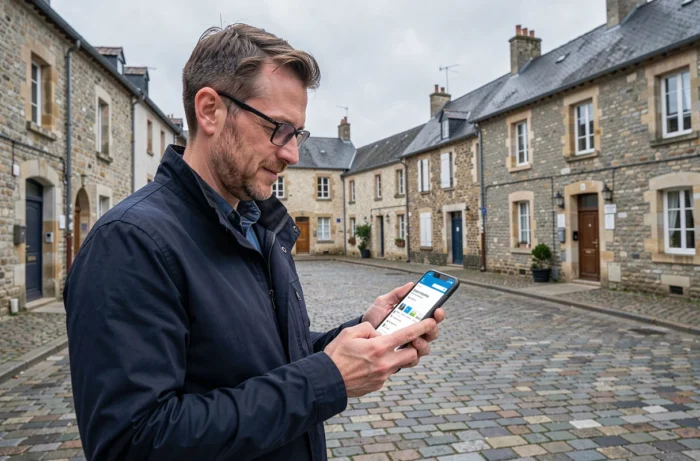 Homme consultant le plan du site d'une commune du Pays de Retz sur smartphone dans une place de village