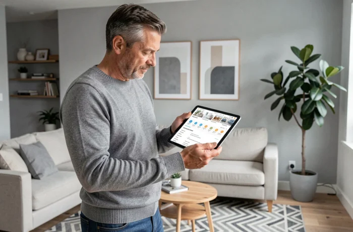 Homme consultant le plan de navigation d'un site de décoration sur une tablette dans un salon moderne