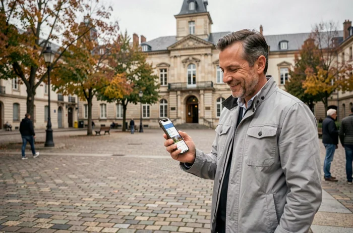 Homme utilisant Infolocale sur smartphone dans une place de village française