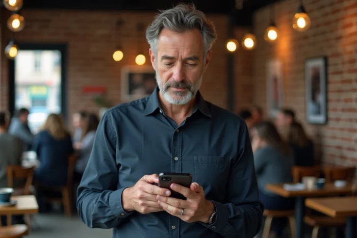 Homme consultant les sites internet les plus populaires du moment sur son smartphone dans un café urbain