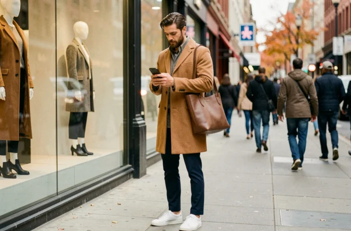 Homme tendance consultant des pages mode sur son smartphone dans une rue urbaine animée en automne