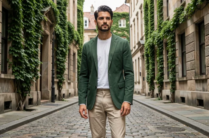 Homme en blazer en coton biologique et pantalon en chanvre dans une rue urbaine pavée tendance mode durable