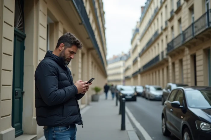 Homme vérifiant le classement en zone tendue de son immeuble sur smartphone dans une rue parisienne