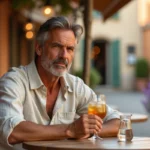 Homme d'âge mûr buvant un verre de Ricard à la terrasse d'un café provençal, illustrant les effets de l'alcool anisé sur la santé