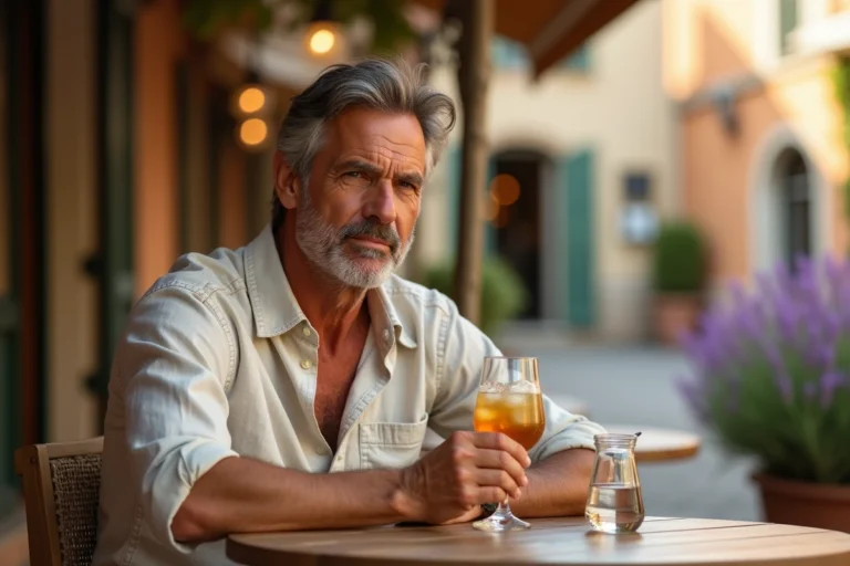 Homme d'âge mûr buvant un verre de Ricard à la terrasse d'un café provençal, illustrant les effets de l'alcool anisé sur la santé