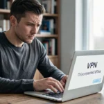 Homme frustré devant son ordinateur portable affichant une alerte de déconnexion VPN dans un bureau à domicile moderne
