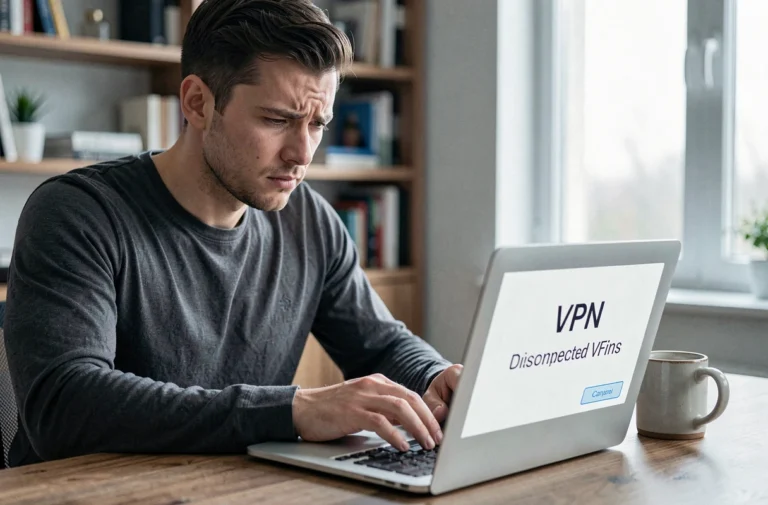 Homme frustré devant son ordinateur portable affichant une alerte de déconnexion VPN dans un bureau à domicile moderne
