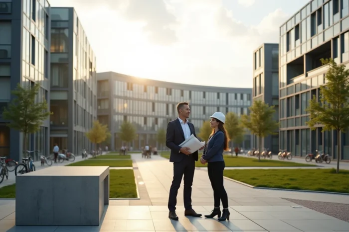 Parc tertiaire moderne développé par Icade sur une friche urbaine française avec des professionnels de l'immobilier