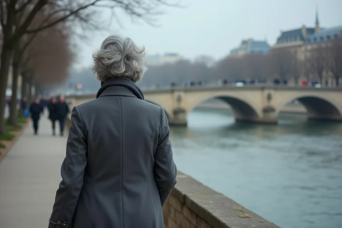 Femme marchant avec dignité le long des quais de la Seine à Paris, symbolisant le parcours entre deux pays d'Ingrid Betancourt