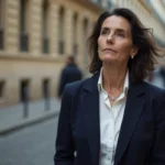 Femme élégante dans la cinquantaine dans une rue parisienne pavée, reflétant la vie entre la France et la Colombie d'Ingrid Betancourt