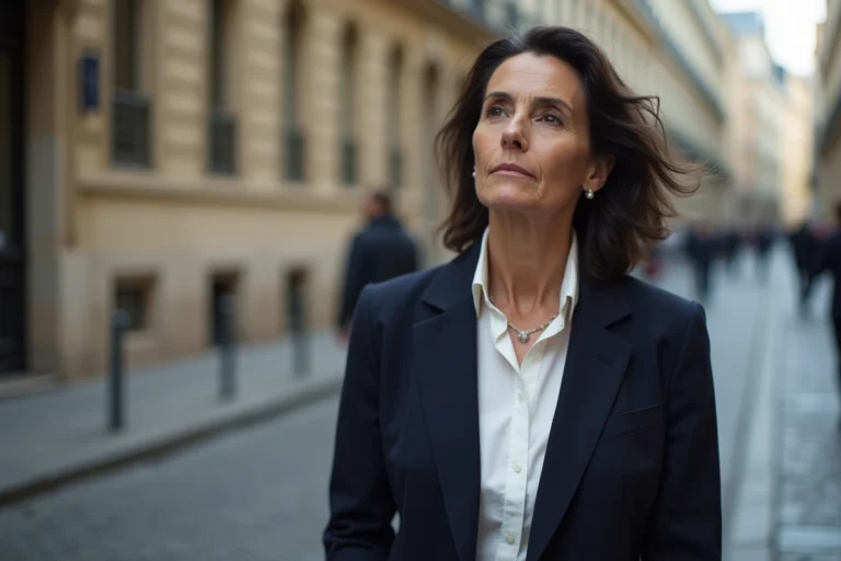 Femme élégante dans la cinquantaine dans une rue parisienne pavée, reflétant la vie entre la France et la Colombie d'Ingrid Betancourt