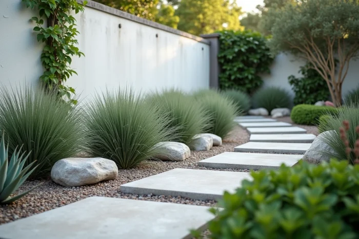 Coin de jardin méditerranéen facile d'entretien avec graminées ornementales, succulentes et chemin en pierre courbe