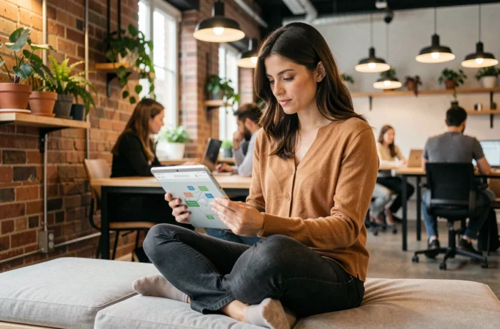 Jeune professionnelle explorant le plan du site d'une agence de conseil sur une tablette dans un espace de coworking