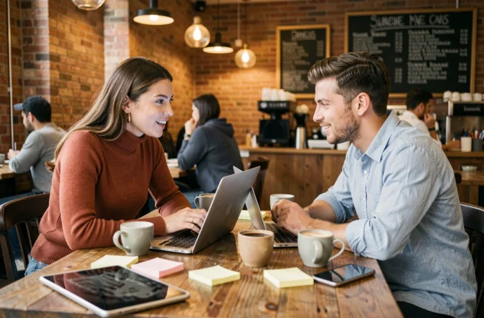 Deux jeunes entrepreneurs collaborant sur des innovations business en ligne dans un café moderne