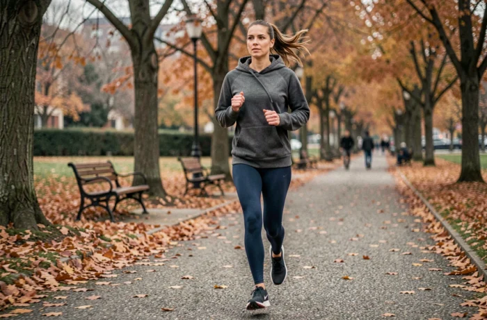 Femme faisant du jogging dans un parc urbain en automne pour améliorer sa santé physique et son bien-être mental