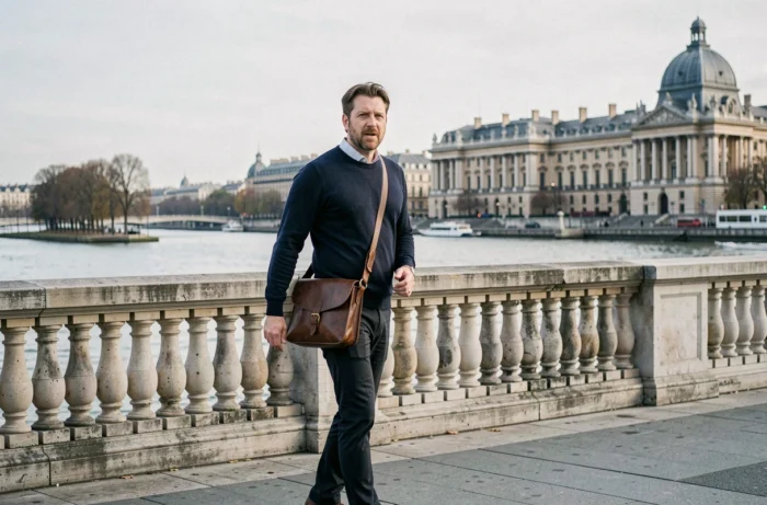 Journaliste traversant le Pont de la Concorde avec l'Assemblée Nationale en arrière-plan à Paris