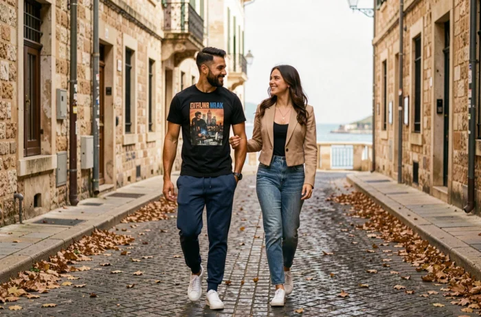 Couple de rappeur et sa compagne se promenant dans les rues de Marseille en tenue décontractée chic