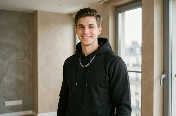 Portrait d'un jeune rappeur français en couple dans son appartement parisien moderne en 2026