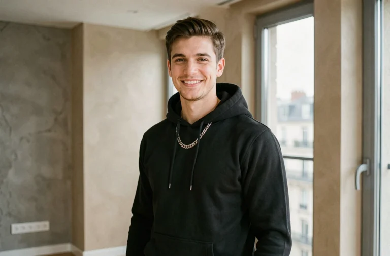 Portrait d'un jeune rappeur français en couple dans son appartement parisien moderne en 2026