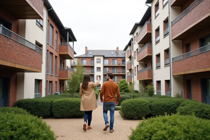 Commerciale présentant une résidence neuve à un couple d'acheteurs dans une ville française, projet Kaufman & Broad