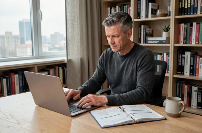 Un manager concentré travaillant sur un planning de projet dans un bureau à domicile bien organisé