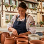 Femme alsacienne en tenue traditionnelle arrangeant des céramiques artisanales sur un marché de village en Soultzerland