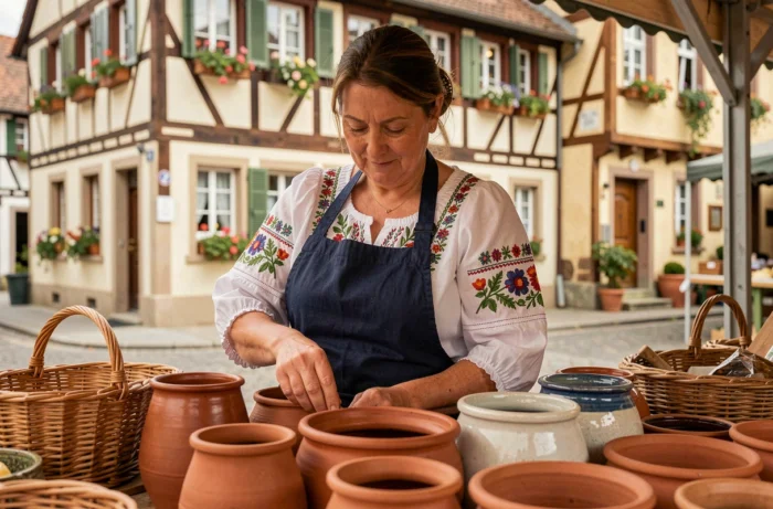 Femme alsacienne en tenue traditionnelle arrangeant des céramiques artisanales sur un marché de village en Soultzerland