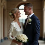 Couple élégant échangeant un sourire discret lors d'une cérémonie de mariage civil intimiste dans un couloir de mairie
