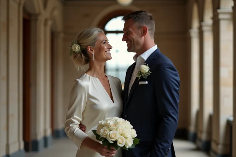 Couple élégant échangeant un sourire discret lors d'une cérémonie de mariage civil intimiste dans un couloir de mairie