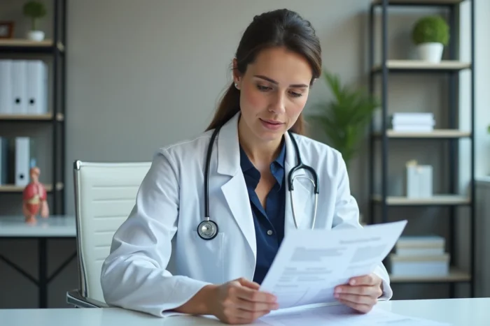 Médecin femme en blouse blanche consultant un dossier médical sur les effets de l'alcool comme le Ricard sur le foie et le cœur