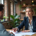 Une mentore professionnelle conseille un jeune entrepreneur dans un espace de coworking moderne, illustrant le soutien à un projet professionnel