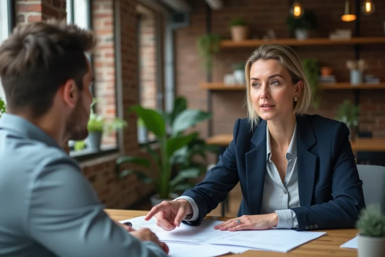 Une mentore professionnelle conseille un jeune entrepreneur dans un espace de coworking moderne, illustrant le soutien à un projet professionnel