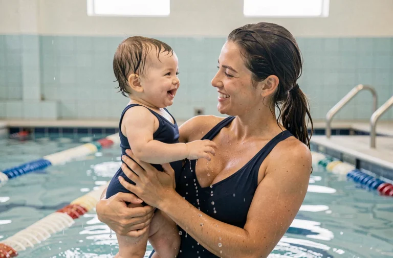 Mère et bébé nageur souriants dans une piscine municipale lors d'un cours de bébés nageurs à Poitiers